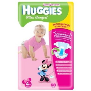 Подгузники для девочки Huggies Ultra Comfort 4+ (10-16 кг) 68 шт.